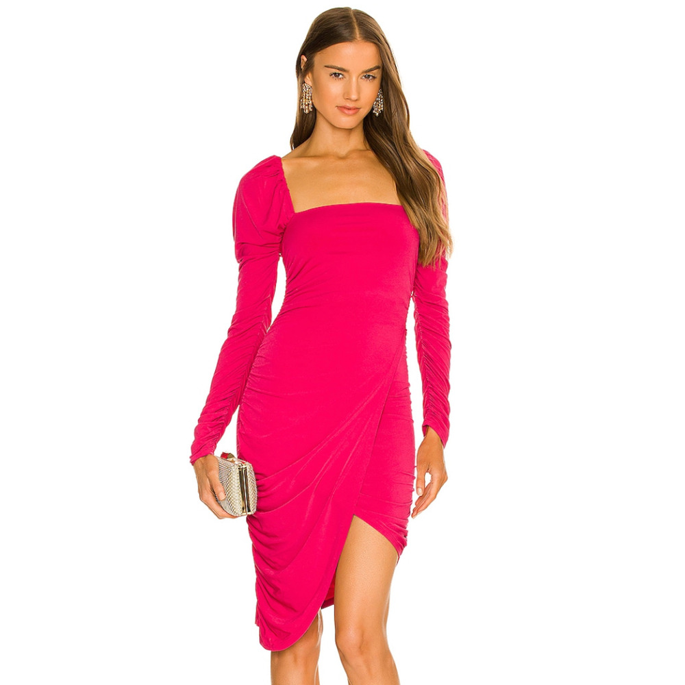 Michael Costello Ashley Dress Fuchsia Pink‎ Midi Long Sleeve Ruched Sz XS